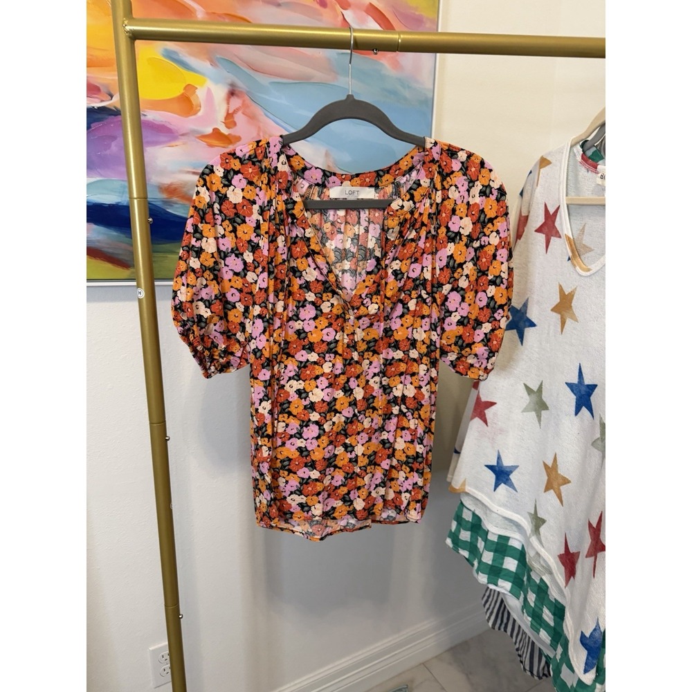 Loft Women's Floral Bubble Sleeve Top Blouse Shirt Medium